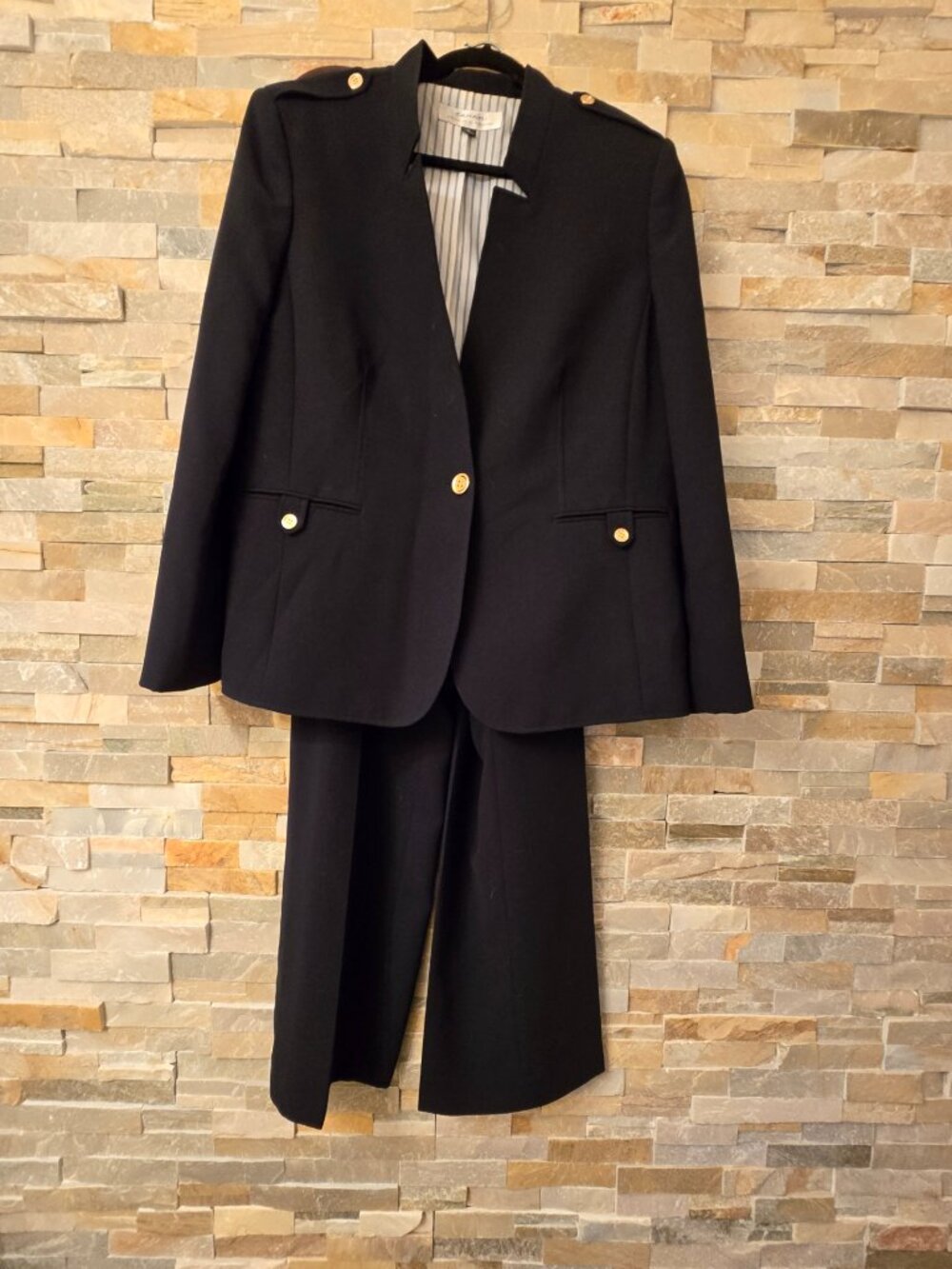 Tahari Blue Blazer with Epaulettes and Matching Slim Fit Pants with Gold Buttons